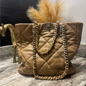 Lambskin Quilted Chanel 19 Shopping Bag Beige